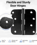 Three Pack Four Inch Matte Black Door Hinges Heavy Duty Solid Iron Interior And Exterior With Five Eighths Inch Radius Corner Removable Pin Rustproof For Front Door Garage And Bedroom, matte black hinge close-up