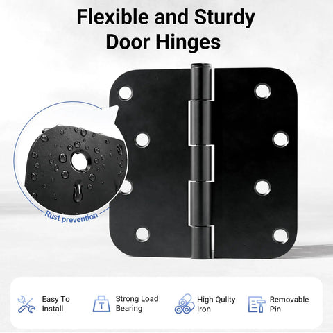 Three Pack Four Inch Matte Black Door Hinges Heavy Duty Solid Iron Interior And Exterior With Five Eighths Inch Radius Corner Removable Pin Rustproof For Front Door Garage And Bedroom, matte black hinge close-up