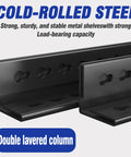 Close-up of cold-rolled steel columns for Super Heavy Duty Six Tier Metal Storage Shelves With Height Adjustment Rock Solid Double Layer Upright Design.