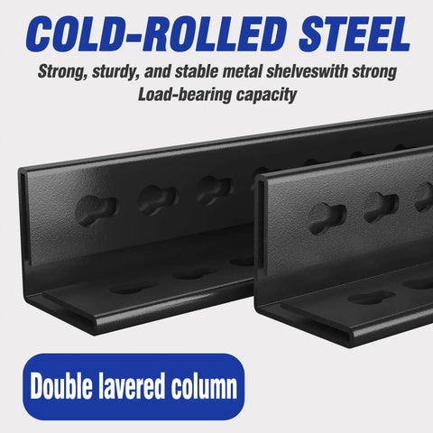 Close-up of cold-rolled steel columns for Super Heavy Duty Six Tier Metal Storage Shelves With Height Adjustment Rock Solid Double Layer Upright Design.