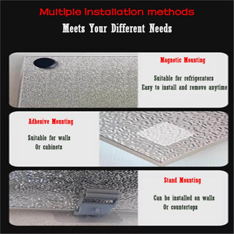 Three installation methods for Self Adhesive Fridge Insulation Heat Shield Panel 48 By 40 Inches, including magnetic, adhesive, and stand mounting.