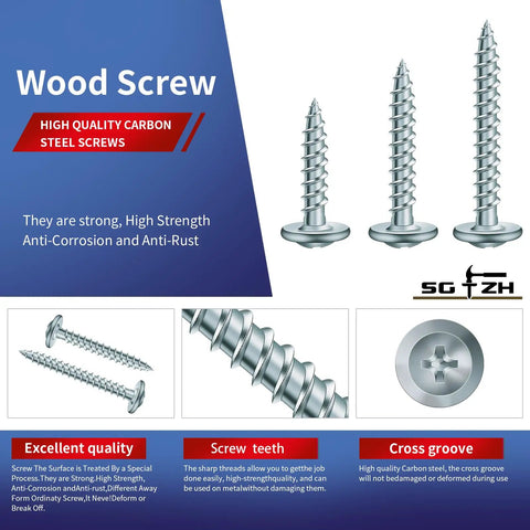 Size 8 Wood Screw One Half Inch Carbon Steel Self Tapping Truss Head Fasteners, Standard Thread, 100 Pieces display and details