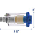 Transparent Mini Inline Air Filter with dimensions and blue cap, featuring water and oil separator for compressor hoses, 3.5 x 1.5 inches.