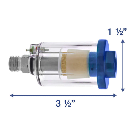 Transparent Mini Inline Air Filter with dimensions and blue cap, featuring water and oil separator for compressor hoses, 3.5 x 1.5 inches.
