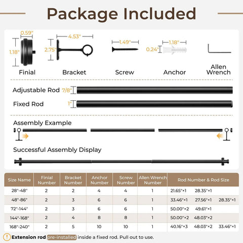 Heavy Duty 1 Inch Curtain Rod For Windows And Patio - Adjustable Telescoping Steel Rod With Wall Or Ceiling Mount - Built To Last, Indoor Outdoor Ready, Black - 72 To 144 Inches - Handles Light To Heavy Curtains - Easy Install package contents display