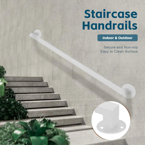 Wall Mounted Wrought Iron Stair Railing System With Adjustable White Galvanized Tube And Heavy Duty Wall Brackets For Indoor Outdoor Step Support With No Sweat Quick Install on staircase with greenery.