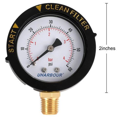 UHARBOUR pool filter pressure gauge with brass 1/4-inch NPT bottom mount, 60 psi