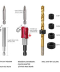 Close-up of magnetic bit holder, extension chuck adapter, and drill stop bit collars from All In One 318 Piece Drilling And Driving Kit With Color Coded Bits High Speed Steel And CRV Bits Heavy Duty Screwdriver And Drill Bit Set For Home Garage And DIY Projects.