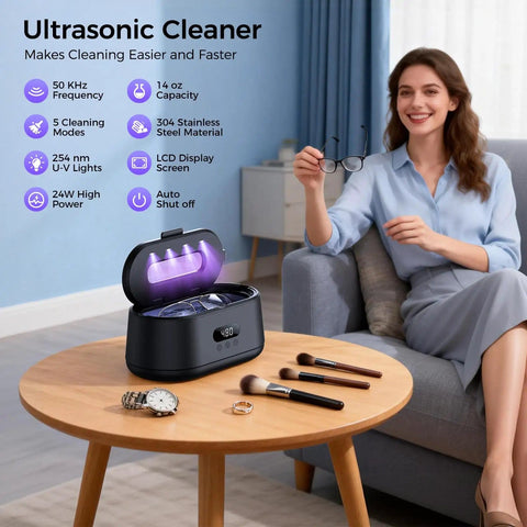 Woman using 50KHz Ultrasonic Jewelry Cleaner with Dual Modes and LED Display, on a table with watches and brushes, black model.