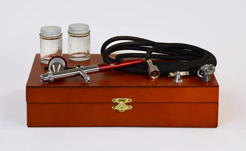 VFan Gravity Feed Dual Action Airbrush System Portable Pro Grade Dope Tool for Spraying on wooden box with accessories