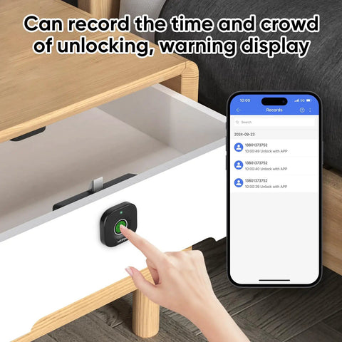 Smart Cabinet Lock With Fingerprint, Bluetooth App And Apple Watch Unlock on wooden drawer with smartphone app display