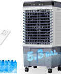 Portable Evaporative Swamp Cooler With 5.3 Gallon Water Tank 1700 Cfm Airflow showing water reservoir and remote control.