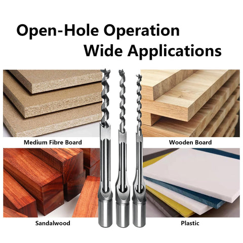Square Hole Wood Drill Bit Set For Mortises Three Piece HSS Pro Grade Square Mortise Bits with various wood and plastic types