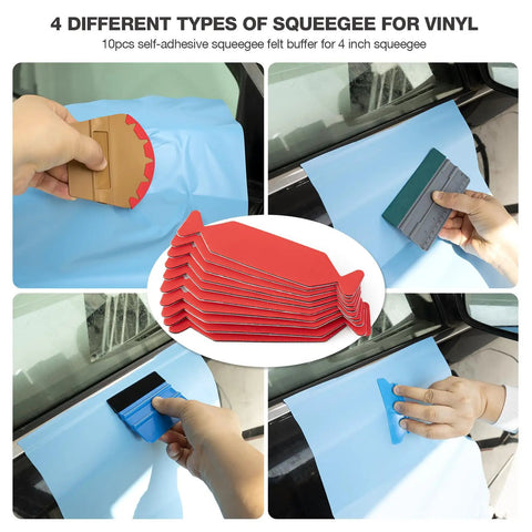 Pro Grade Car Window Tint And Vinyl Wrap Tool Kit with 4 types of squeegees on vinyl wrap application, DIY friendly tools visible.