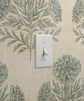 Blue Floral Vinyl Wallpaper With Subtle Leather Texture Finish Paste Required Commercial Grade Wallcovering For Hotels Offices Restaurants Custom Printed Just For You Professional Installation Recommended Solid Performance Room Decor with light switch.
