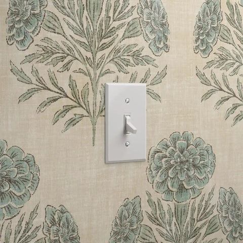 Blue Floral Vinyl Wallpaper With Subtle Leather Texture Finish Paste Required Commercial Grade Wallcovering For Hotels Offices Restaurants Custom Printed Just For You Professional Installation Recommended Solid Performance Room Decor with light switch.