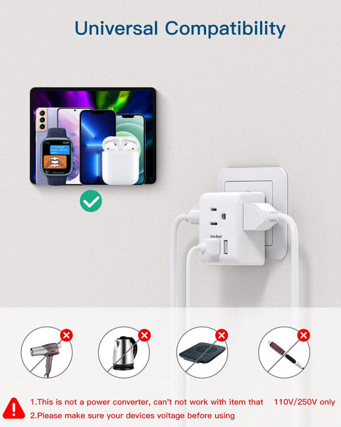 6 In 1 EU Travel Power Plug Adapter With Three Outlets Two USB A Ports And One USB C Port Converts A European Type C Outlet Into A Handy USA Style Charging Hub For Europe Spain Italy France Germany Travel Must Have in use demonstrating universal compatibility.