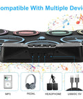 Roll Up Electric Drum Set With 9 Pads For Kids, MIDI Jam Ready Drum Pad Kit showing multiple device compatibility options