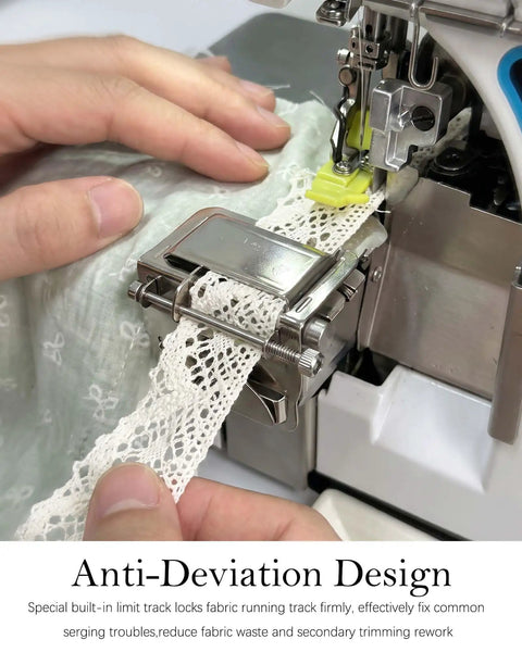All In One Pro Grade Adjustable Overlock Sewing Gauge For Serger Machine with lace ribbon feeding in action