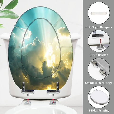 Toilet Seat Elongated Quick Release Bathroom featuring a sky design, stainless steel hinges and grip-tight bumpers.