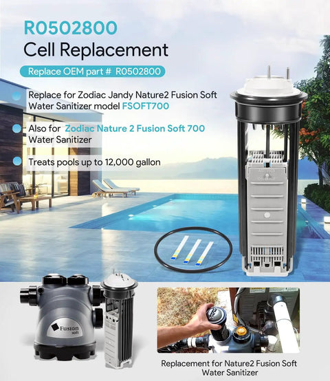 Salt Cell Replacement Kit For Nature2 Fusion Soft FSOFT700 Water System Fits Pools Up To 12,000 Gallons Includes O Ring And Replacement Parts R0502800 2803-058 383062 Easy Install image showing kit components by pool.