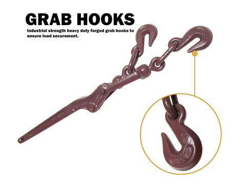 Heavy Duty Lever Load Binder One Quarter Inch Chain with maroon grab hooks for cargo control and tie down.