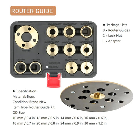 Boss Level 11 Piece Brass Router Bushing Kit with 8 brass guides, 2 lock nuts and a compact storage case for woodworking.