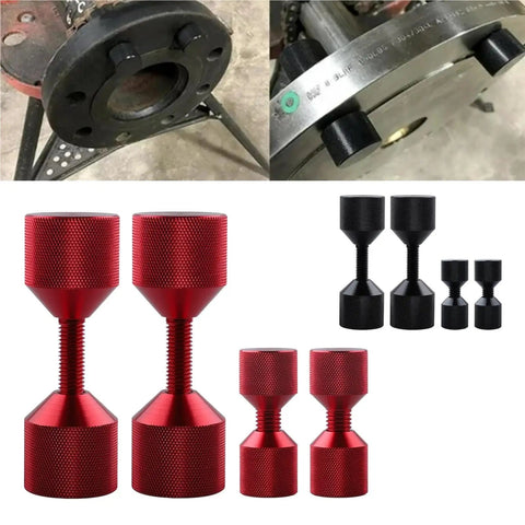 Premium 4 Pack Aluminum 2 Hole Flange Pins Plus Detachable Double Hole Alignment Tools on a surface, featuring red and black colors.