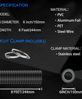 Specifications image showing 6 Inch Flexible Dryer Vent Hose 8 Feet Long Insulated Air Duct With Aluminum Foil PVC Layer And 1mm Steel Wire For No Fuss HVAC Venting 360 Degree Movement Includes 2 Clamps Black, featuring model info, material, and dimensions.