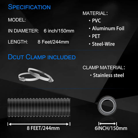 Specifications image showing 6 Inch Flexible Dryer Vent Hose 8 Feet Long Insulated Air Duct With Aluminum Foil PVC Layer And 1mm Steel Wire For No Fuss HVAC Venting 360 Degree Movement Includes 2 Clamps Black, featuring model info, material, and dimensions.