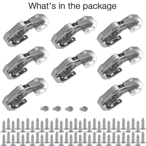 8 Pack Easy Install Cabinet Hinges With Full Overlay And Inset Design Soft Close For Doors, Drawers, And Cupboards, No Drill Required, Screwdriver Friendly Installation, Durable Solid Build, Smooth Quiet Closing Performance, shown with included screws.