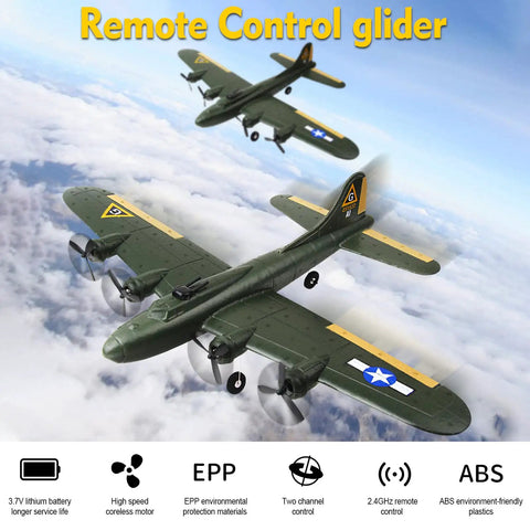 B-17 Bomber RC Airplane Dope 2 Channel Foam Glider flying over clouds, green EPP material, fixed wing design with remote control.