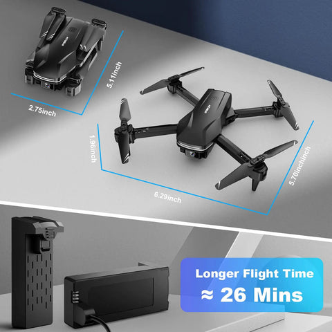 1080P HD Foldable Drone With Carrying Case For Adults, shown folded and in flight mode with battery pack
