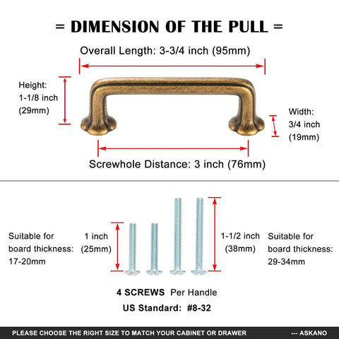 10 Pack 3 Inch Hole Centers Oil Rubbed Bronze Cabinet Pulls dimensions and screw sizes shown for handles with clover design.