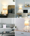 Set Of 2 Touch Control Table Lamps With USB Ports And AC Outlet, Modern Dimmable Nightstand Lamps With Fabric Shade, Cool GoTo Pick For Bedroom, Living Room Or Office, Bulbs Included, Sleek Nickel Finish shown in bedroom, office, living room, and hall.