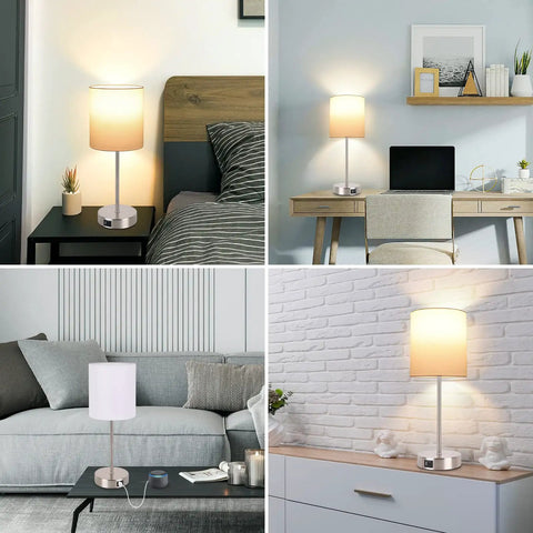 Set Of 2 Touch Control Table Lamps With USB Ports And AC Outlet, Modern Dimmable Nightstand Lamps With Fabric Shade, Cool GoTo Pick For Bedroom, Living Room Or Office, Bulbs Included, Sleek Nickel Finish shown in bedroom, office, living room, and hall.