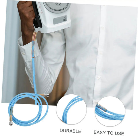 Person holding a steam iron with High Pressure Steam Hose Replacement for Irons and Steam Cleaners, lightweight, heat-resistant tubing.