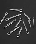 290 Pcs Stainless Steel Cotter Pins Set With 24 Sizes for cars, trucks, lawn mowers, small engines, heavy duty hairpin clips arrayed on black background.