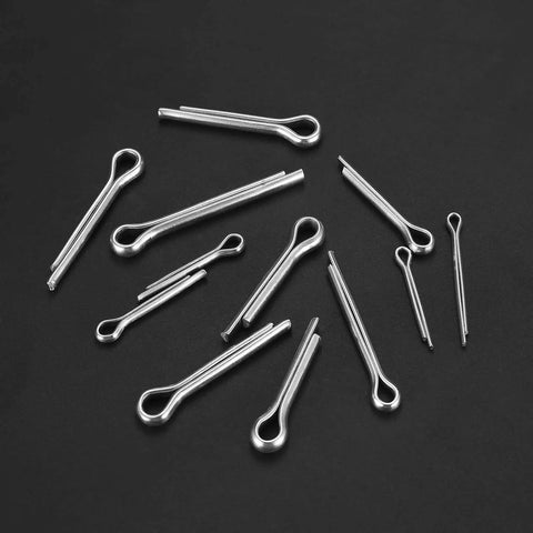 290 Pcs Stainless Steel Cotter Pins Set With 24 Sizes for cars, trucks, lawn mowers, small engines, heavy duty hairpin clips arrayed on black background.
