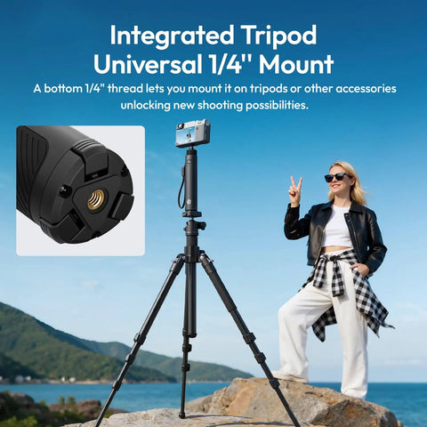 Image showing a 10000mAh Battery Grip For Cameras With Hidden 360 Degree Tripod Base and a user by a scenic view.
