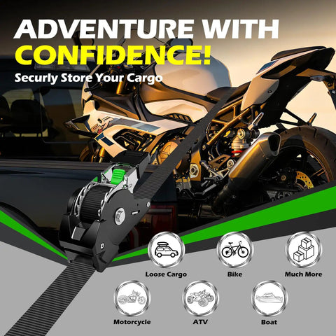 Hella Tough No Hassle Auto Retract Tie Down Straps Heavy Duty Retractable Ratchet Cargo Belt 1 Inch By 10 Feet 4 Pack shown securing motorcycle.