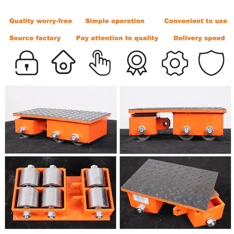 Tough As Nails Heavy Duty Machinery Mover Dolly Set With 4400 Pound Load Capacity And Solid Steel Build Using 360 Degree Swivel Casters For Zero Sweat Workshop Transport Anywhere, showcasing orange steel dolly platform.