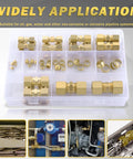 Front view of 46-piece brass compression fittings kit in plastic case, includes nuts, ferrules, sleeves and unions.