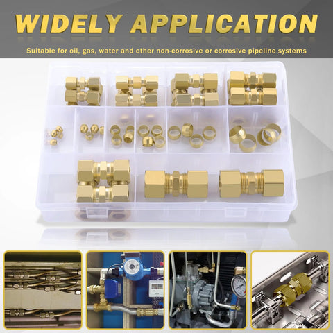 Front view of 46-piece brass compression fittings kit in plastic case, includes nuts, ferrules, sleeves and unions.
