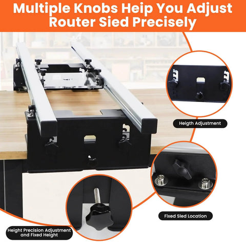 47.2 Inch Router Sled For Flattening Slabs, 3 Axis Adjustable, with highlighted knobs on a wood surface for precision adjustments