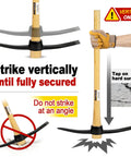 Diagram showing how to use Beefy Heavy Duty Pickaxe With Wood Handle For Digging And Chiseling Forged High Carbon Steel Head 36 Inch Length Durable Tool For Tough Groundwork For Everyday Use highlighting vertical strike and not striking at an angle, with wood handle and steel head visible.
