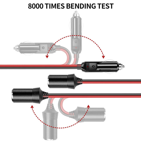 Plug And Play 12V And 24V Cigarette Lighter Splitter With Dual Sockets cable showing 8000 times bending test for durability.