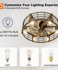 24 Inch Metal Caged Farmhouse Ceiling Fan With Warm White Lighting And Wireless Remote Low Profile Flush Mount Design showing six E26 sockets.