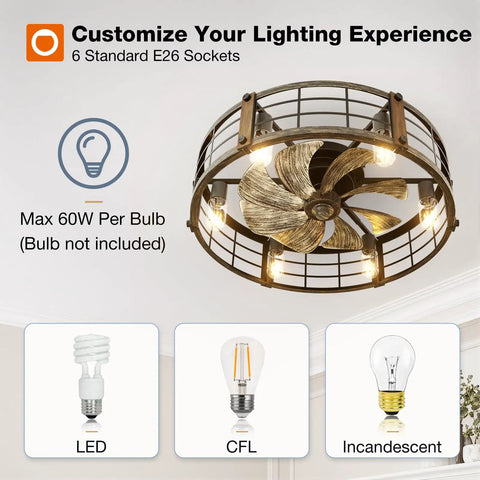 24 Inch Metal Caged Farmhouse Ceiling Fan With Warm White Lighting And Wireless Remote Low Profile Flush Mount Design showing six E26 sockets.