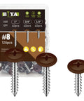 Solid As A Rock Brown Wood Screws 120 Piece Assortment Size 8 Self Tapping Truss Head Cabinet Fasteners in sizes including 1 inch and 3/4 inch.